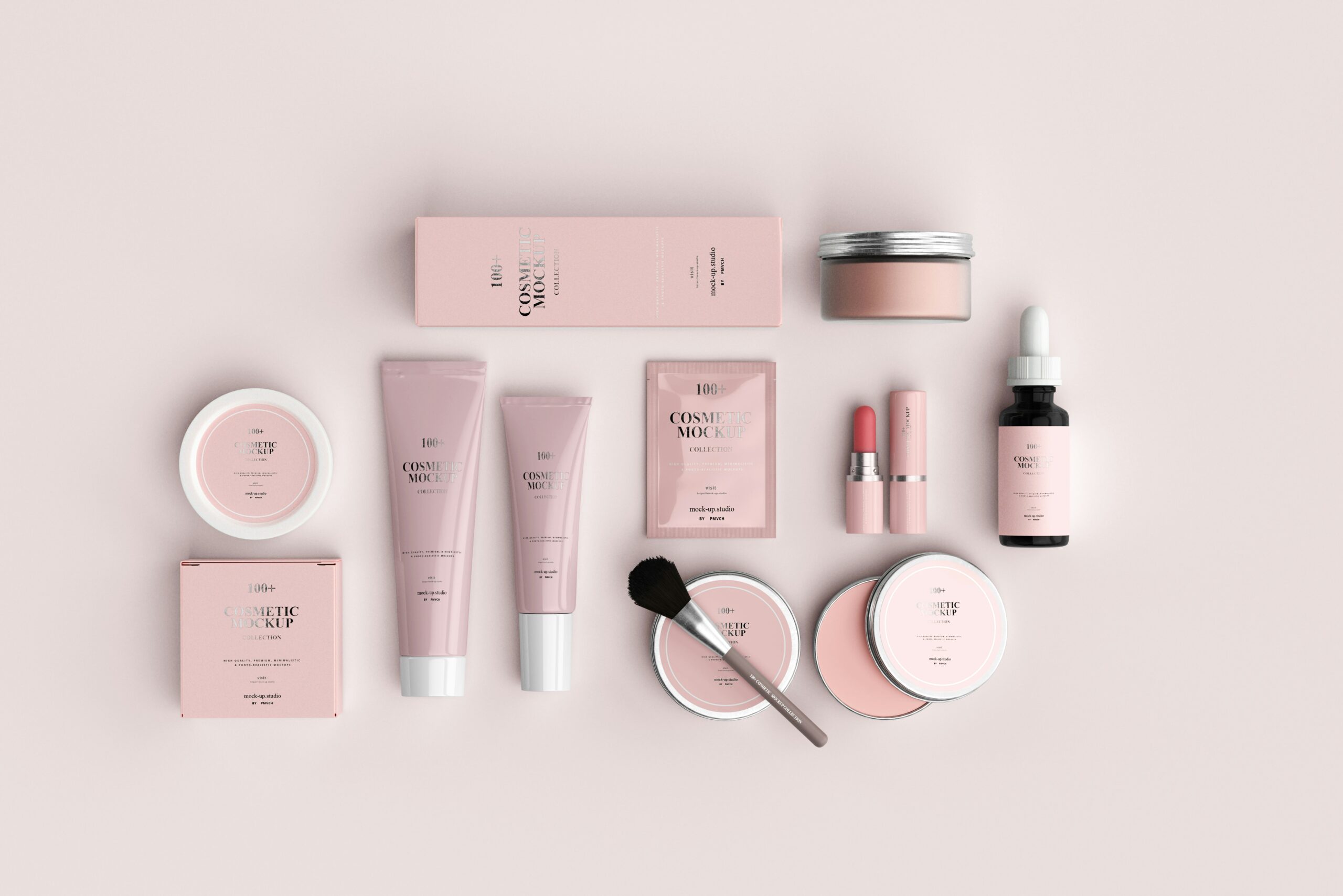 Flat lay of pink cosmetic and skincare products.